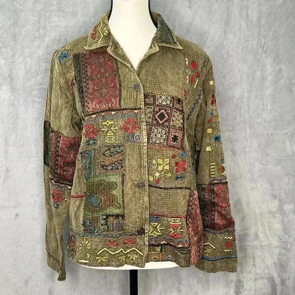 Chico's VTG Sz S Jacket Dark Olive Boho Southwestern Floral Embroidered Artsy‎ - Picture 1 of 16
